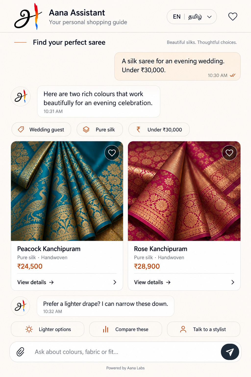 Aana-branded shopping assistant recommending silk sarees within a wedding guest’s budget, with product comparison and stylist support