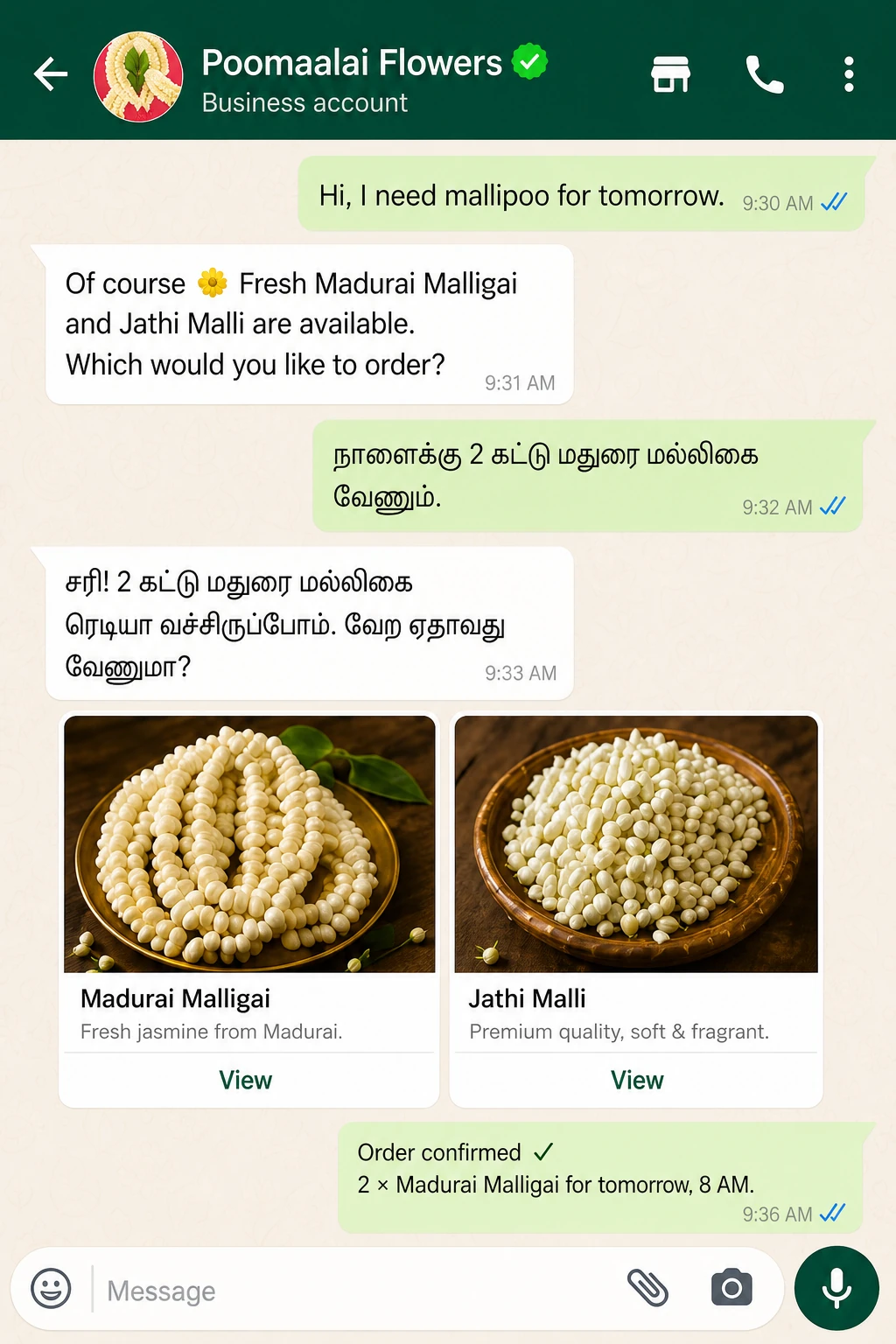 WhatsApp commerce assistant recommending jasmine products in English and Tamil