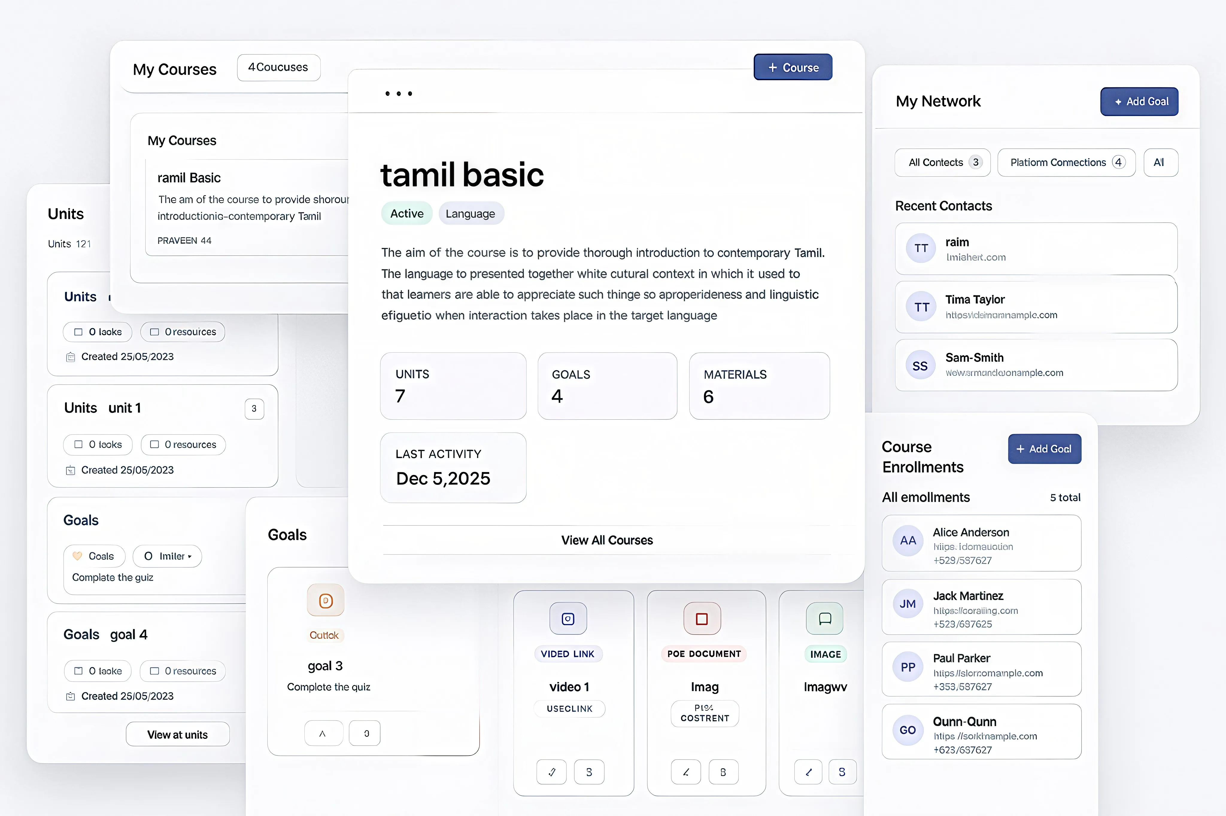 Platform overview showing courses, units, goals, network and content management features
